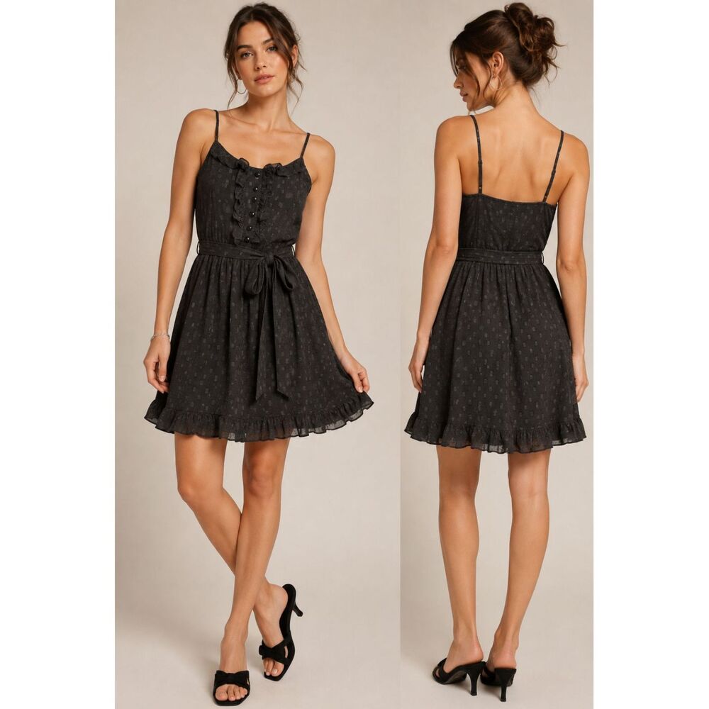 Vintage Betsey Johnson Silk Dress Size 4 Black Ruffle Tie Waist Y2K